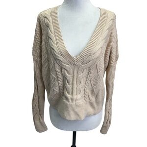 CAbi V-Neck Cable Knit Sweater - Cream